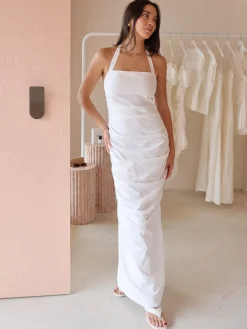 By Nicola Bay Linen Halter Neck Gathered Dress in^ White Edit | Party