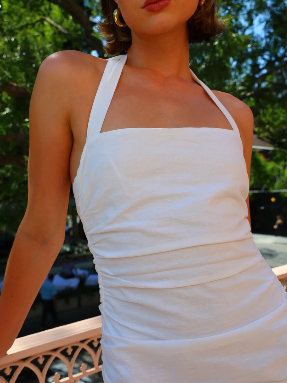 By Nicola Bay Linen Halter Neck Gathered Dress in^ White Edit | Party