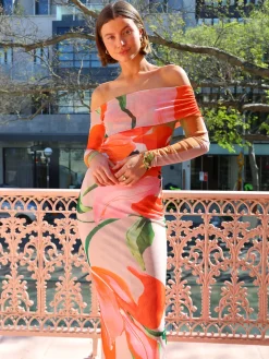 By Nicola Paloma Off Shoulder Mesh Maxi Dress in^ Bump Friendly | Midi